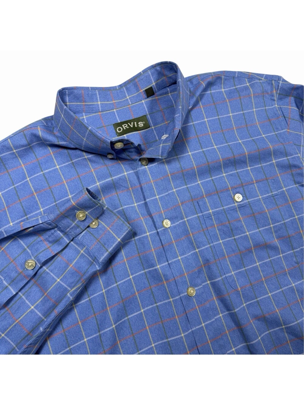 Orvis Men's Long Sleeve Blue Windowpane Plaid Shirt Size XL Button Up